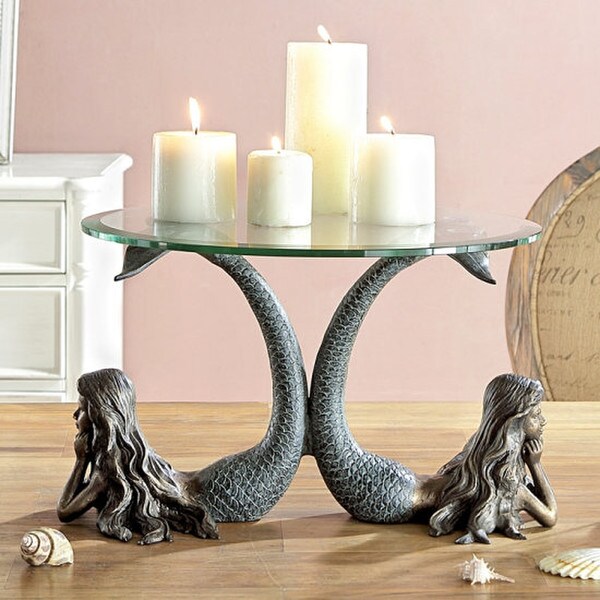 Mermaids Table Server Candleholder Statue Glass top Decorative